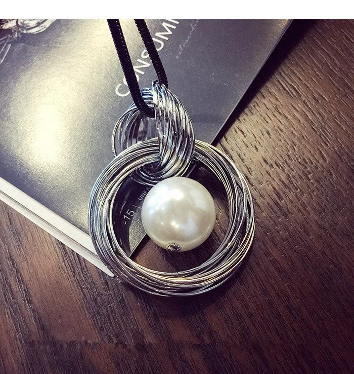 New circles simulated pearl ball pendant long necklace women black chain fashion jewelry gift