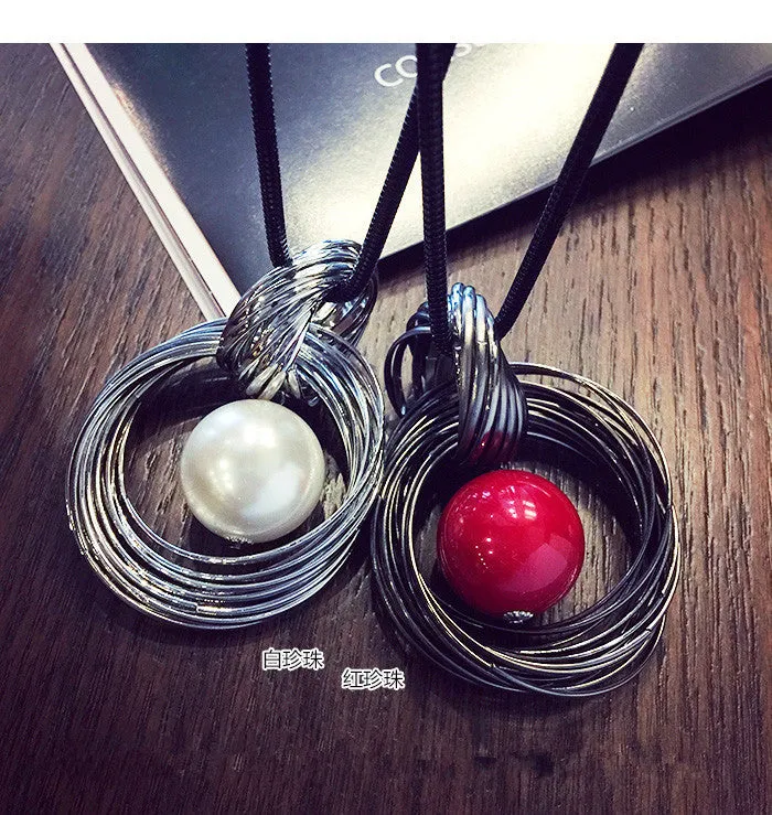 New circles simulated pearl ball pendant long necklace women black chain fashion jewelry gift