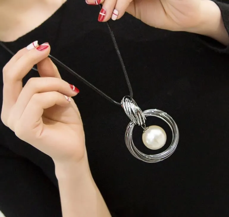 New circles simulated pearl ball pendant long necklace women black chain fashion jewelry gift