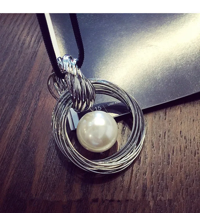 New circles simulated pearl ball pendant long necklace women black chain fashion jewelry gift