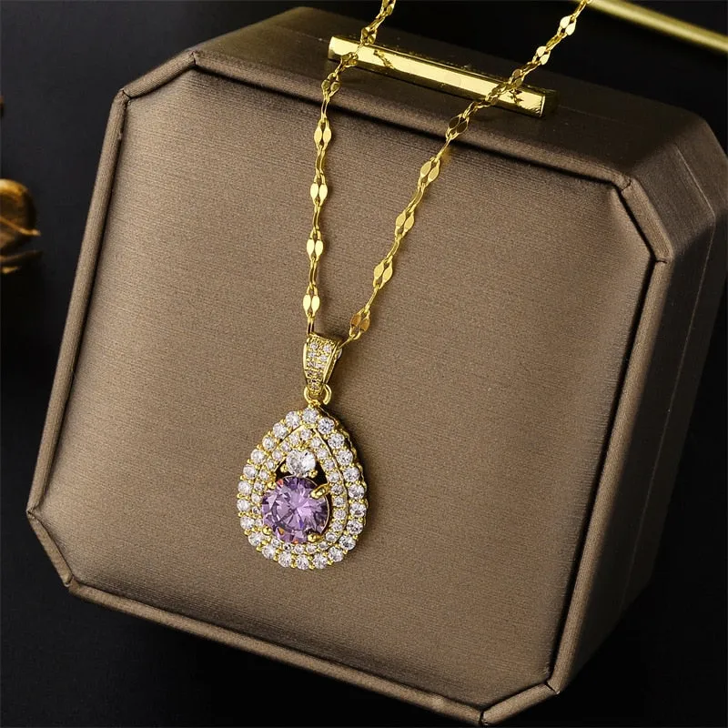 New Design Sense Luxury Zircon Crystal Stainless Steel Necklaces For Women Korean Fashion Sweet Sexy Ladies Neck Chain Jewelry