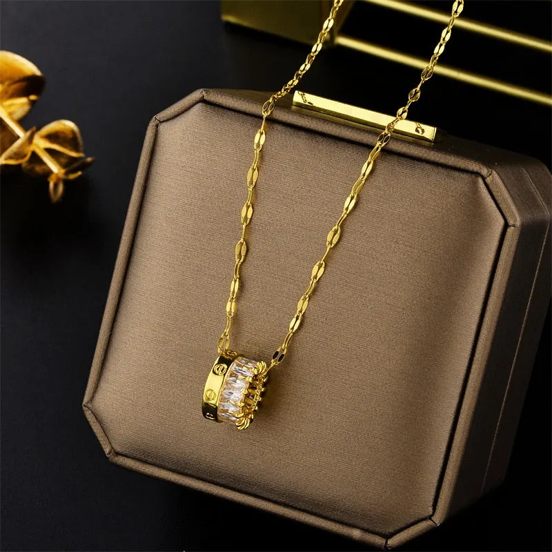 New Design Sense Luxury Zircon Crystal Stainless Steel Necklaces For Women Korean Fashion Sweet Sexy Ladies Neck Chain Jewelry