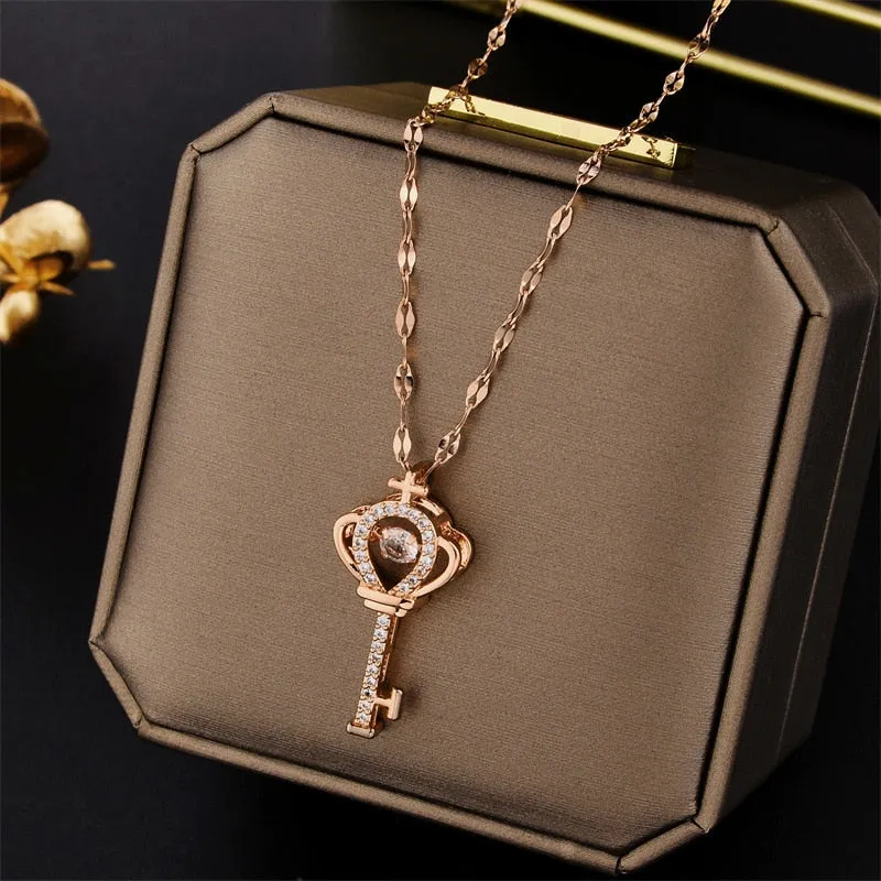 New Design Sense Luxury Zircon Crystal Stainless Steel Necklaces For Women Korean Fashion Sweet Sexy Ladies Neck Chain Jewelry