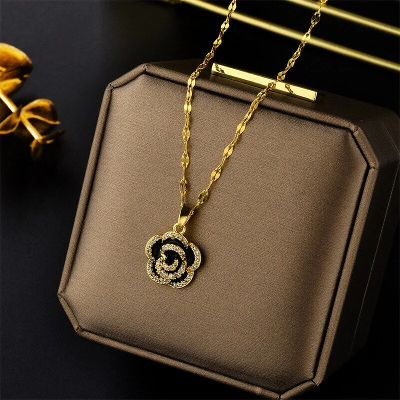 New Design Sense Luxury Zircon Crystal Stainless Steel Necklaces For Women Korean Fashion Sweet Sexy Ladies Neck Chain Jewelry