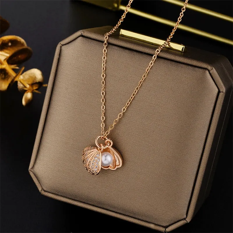 New Design Sense Luxury Zircon Crystal Stainless Steel Necklaces For Women Korean Fashion Sweet Sexy Ladies Neck Chain Jewelry