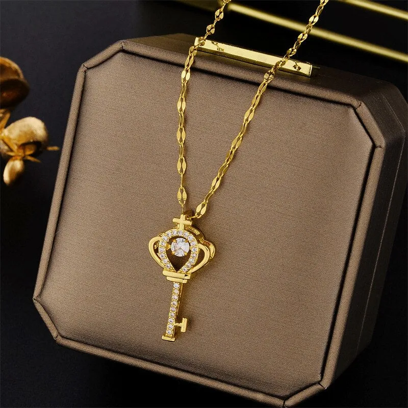 New Design Sense Luxury Zircon Crystal Stainless Steel Necklaces For Women Korean Fashion Sweet Sexy Ladies Neck Chain Jewelry