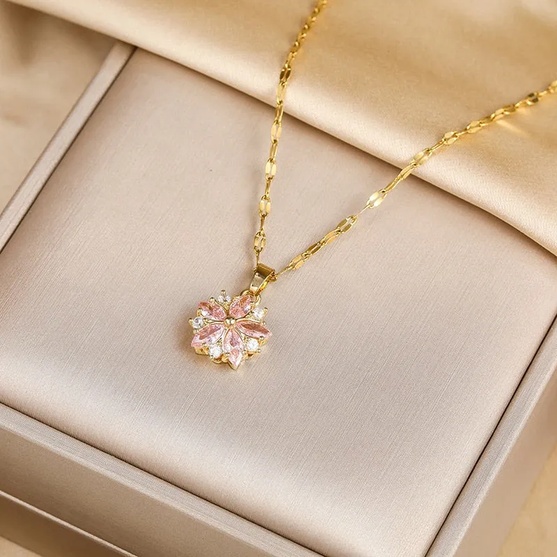 New Design Sense Luxury Zircon Crystal Stainless Steel Necklaces For Women Korean Fashion Sweet Sexy Ladies Neck Chain Jewelry