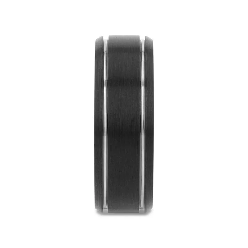 NOCTURNE Black Beveled Tungsten Carbide Band with Polished Grooves and Brushed Finish - 6mm or 8mm