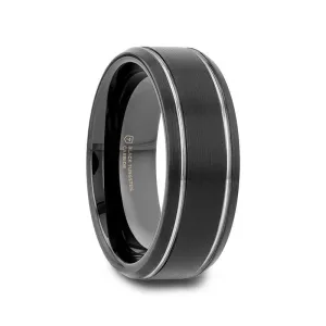 NOCTURNE Black Beveled Tungsten Carbide Band with Polished Grooves and Brushed Finish - 6mm or 8mm