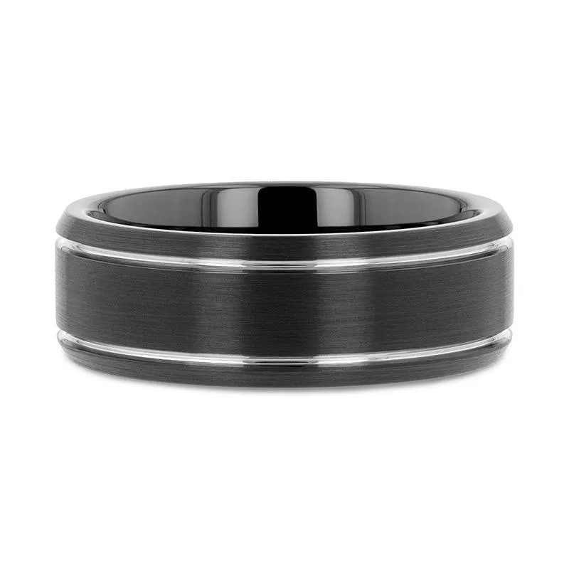 NOCTURNE Black Beveled Tungsten Carbide Band with Polished Grooves and Brushed Finish - 6mm or 8mm