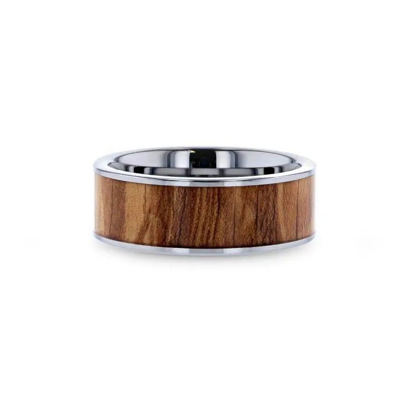 OLIVASTER Olive Wood Inlaid Flat Tungsten Carbide Ring with Polished Edges - 8mm