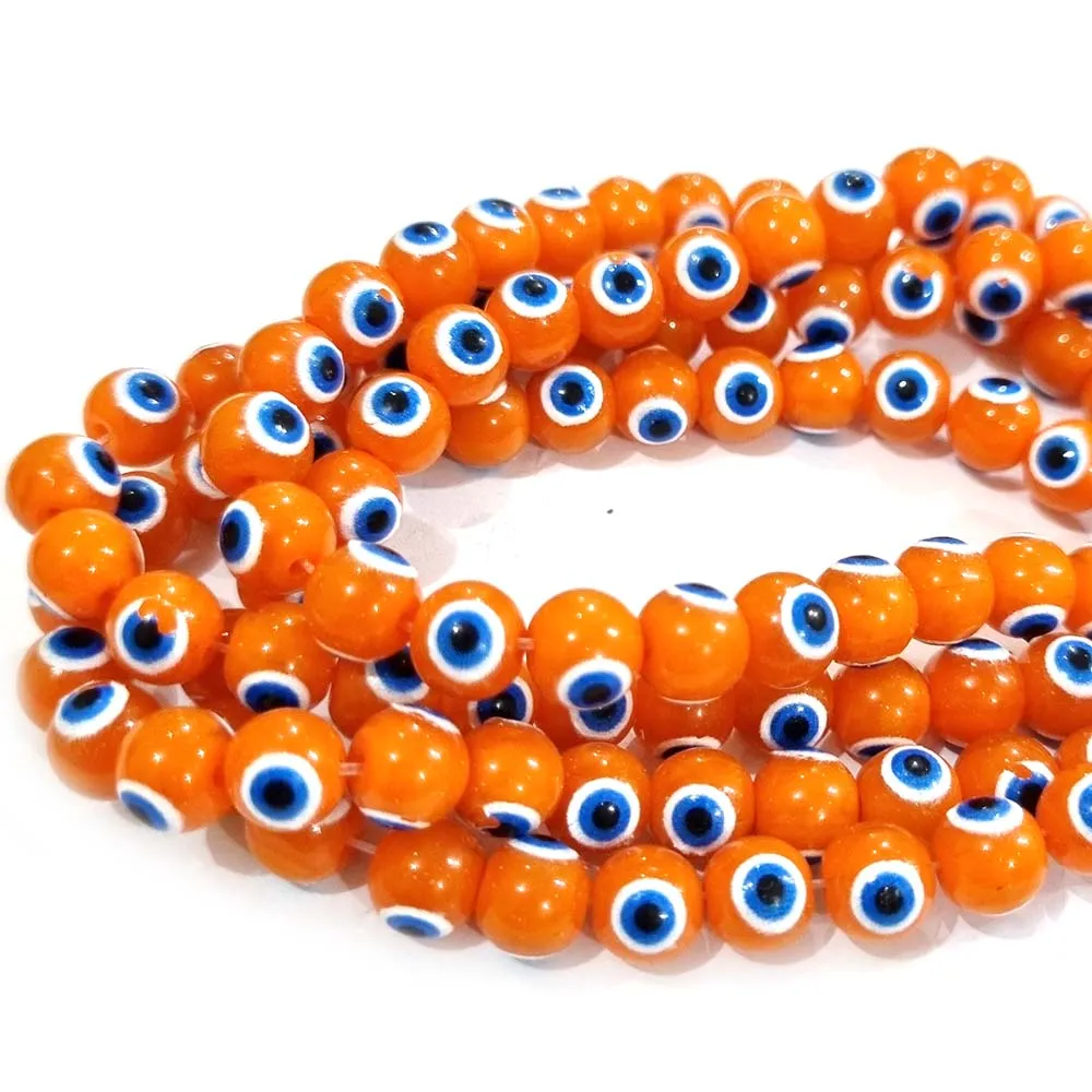 Orange Semi Opaque WITH AQUA EYE ' 8 MM ROUND ' SUPER FINE QUALITY EVIL EYE GLASS CRYSTAL BEADS SOLD BY PER LIN PACK' APPROX PIECES 47-48 BEADS