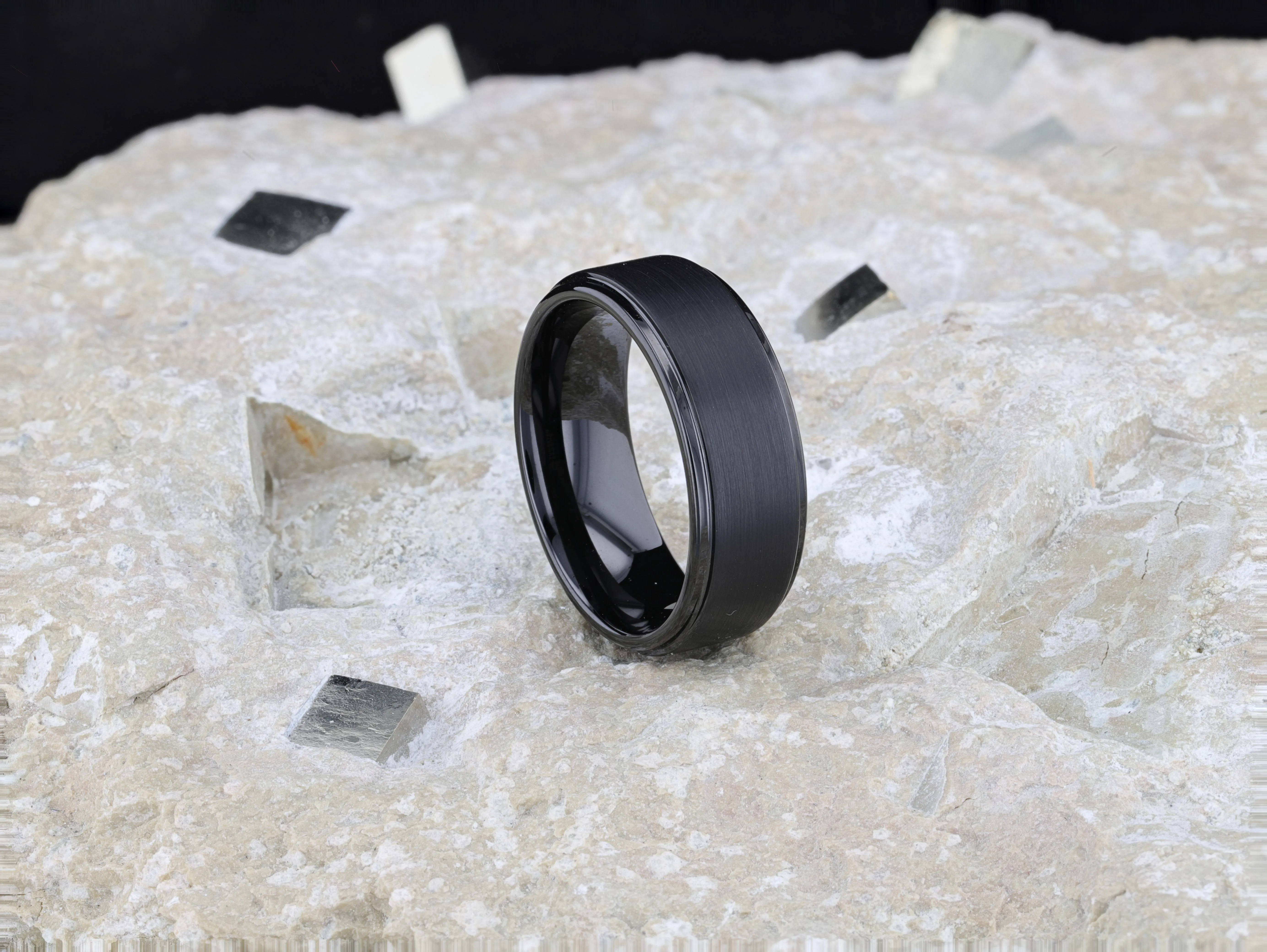 ORION Flat Black Tungsten Ring with Brushed Raised Center & Polished Step Edges - 6mm - 8mm