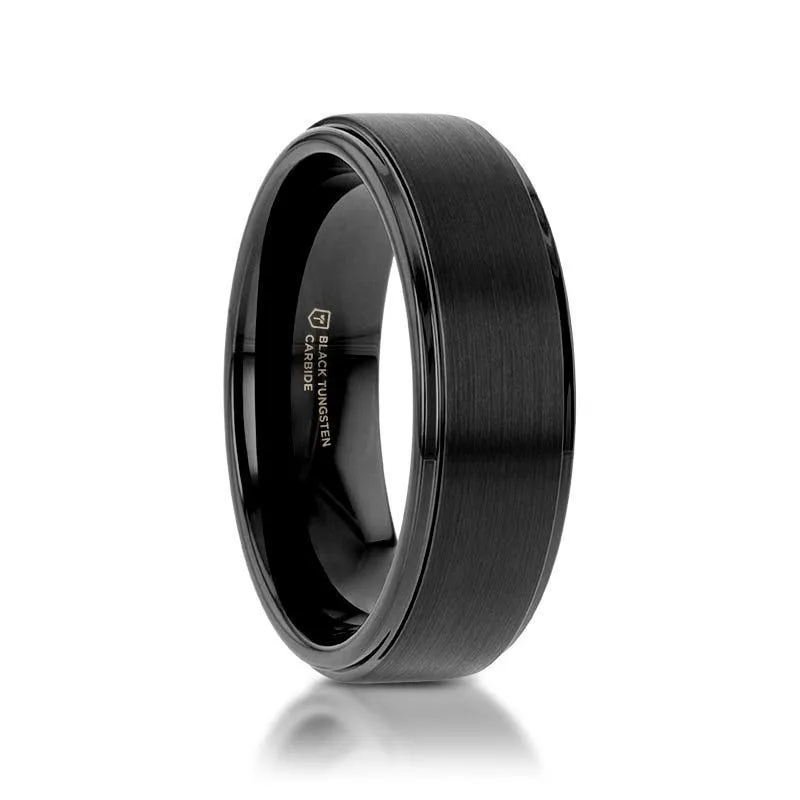 ORION Flat Black Tungsten Ring with Brushed Raised Center & Polished Step Edges - 6mm - 8mm