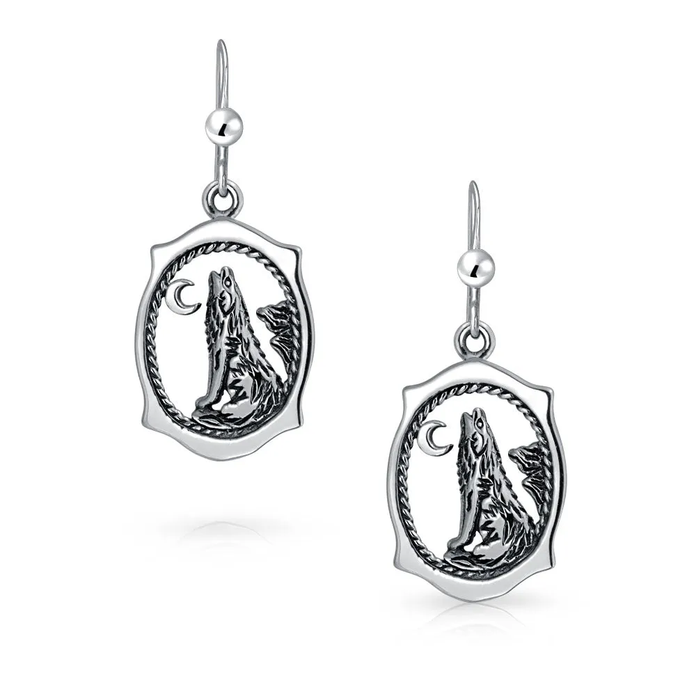 Oval Animal Totem Amulet Wicca Jewelry Howling Wolf Dangle Earrings Silver