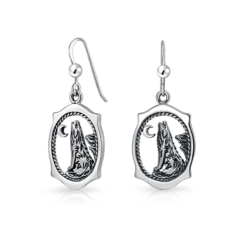 Oval Animal Totem Amulet Wicca Jewelry Howling Wolf Dangle Earrings Silver