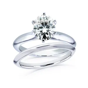 Oval Moissanite 6-prong Solitaire Bridal Rings Set 1 1/2 Carat in 14k White Gold