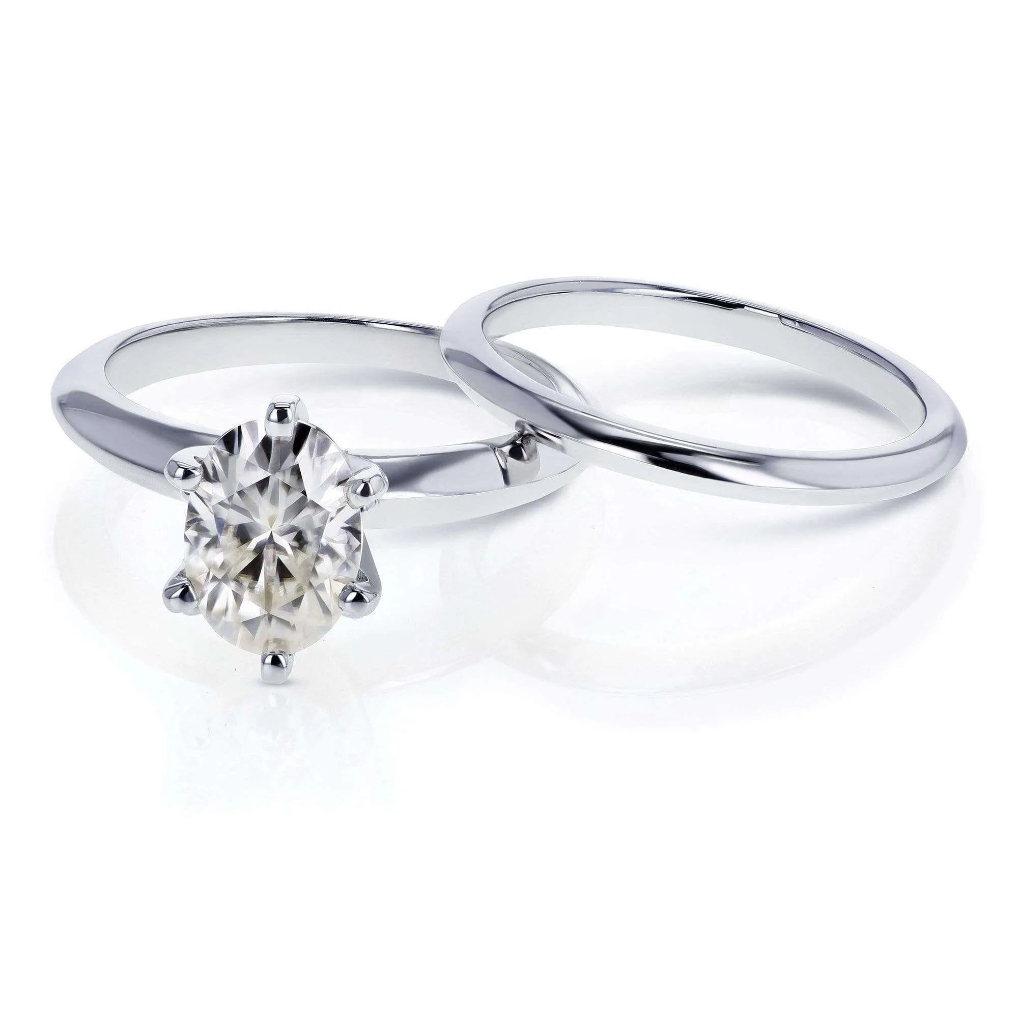 Oval Moissanite 6-prong Solitaire Bridal Rings Set 1 1/2 Carat in 14k White Gold