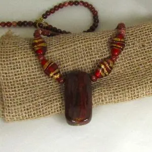 Red Gemstone & Artisan Bead Pendant Necklace