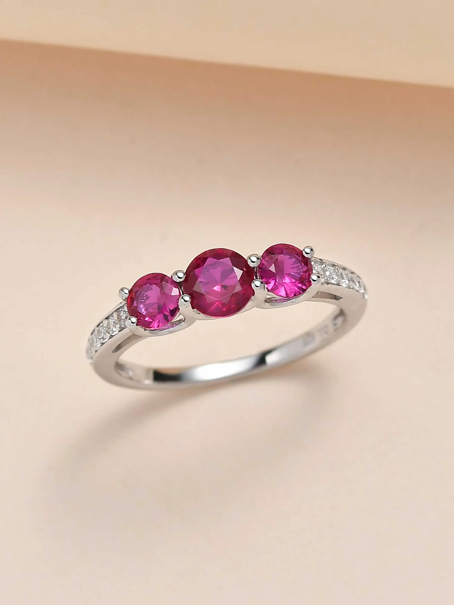 Red Ruby Three Stone Engagement Ring For Women