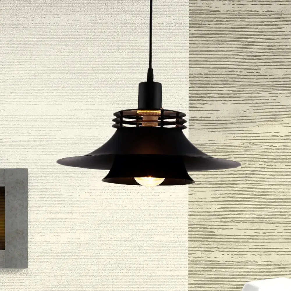 Restaurant Ceiling Light: Wide Flare Pendant Countryside Black Iron | 2-Layer, 1 Bulb | 12.5"/14" Wide