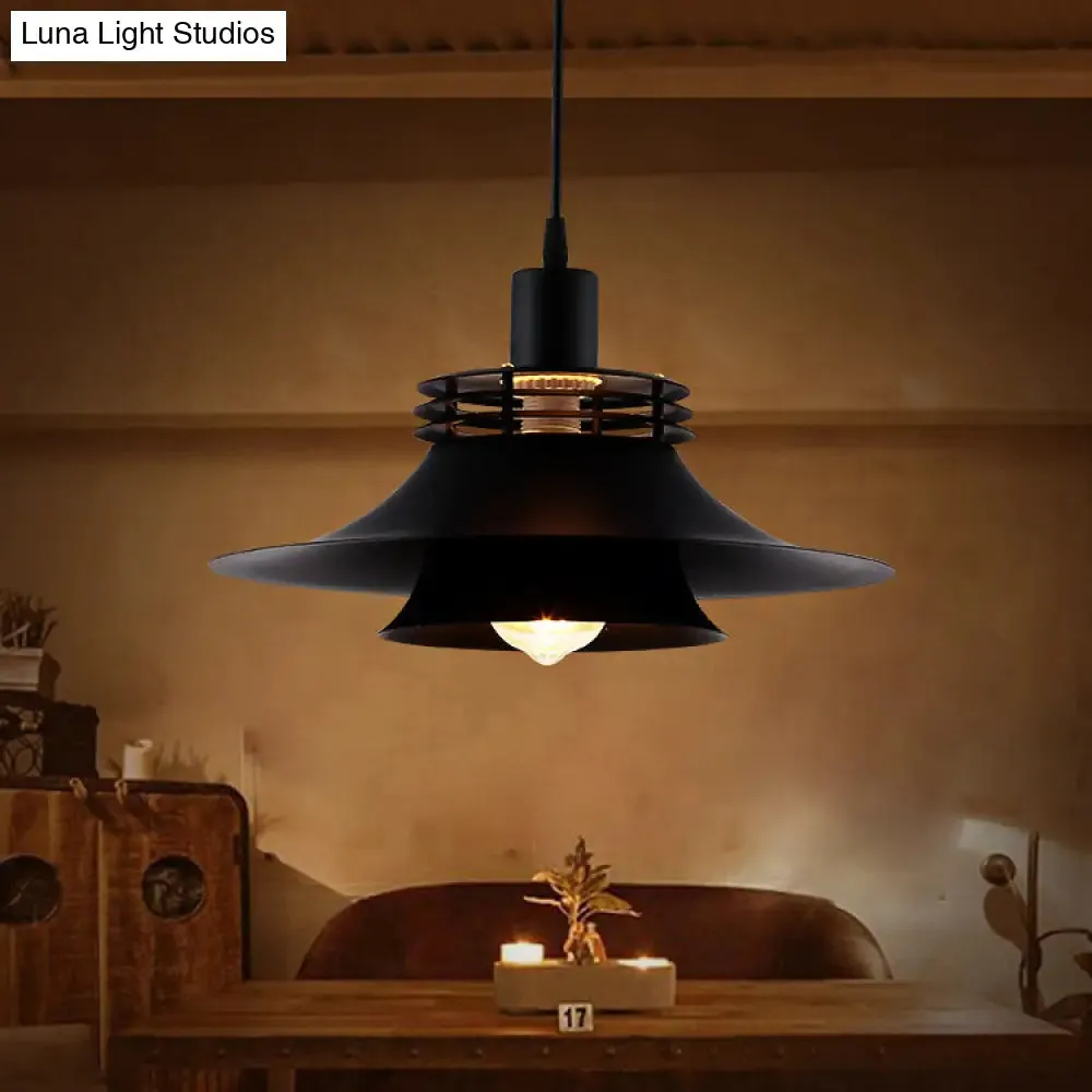 Restaurant Ceiling Light: Wide Flare Pendant Countryside Black Iron | 2-Layer, 1 Bulb | 12.5"/14" Wide