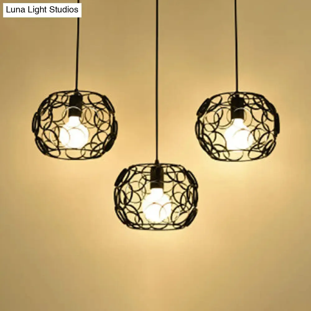 Retro Drum Shade Pendant Lamp with Metal Suspension and Wire Frame in Black - 3 Bulbs, Circles Design