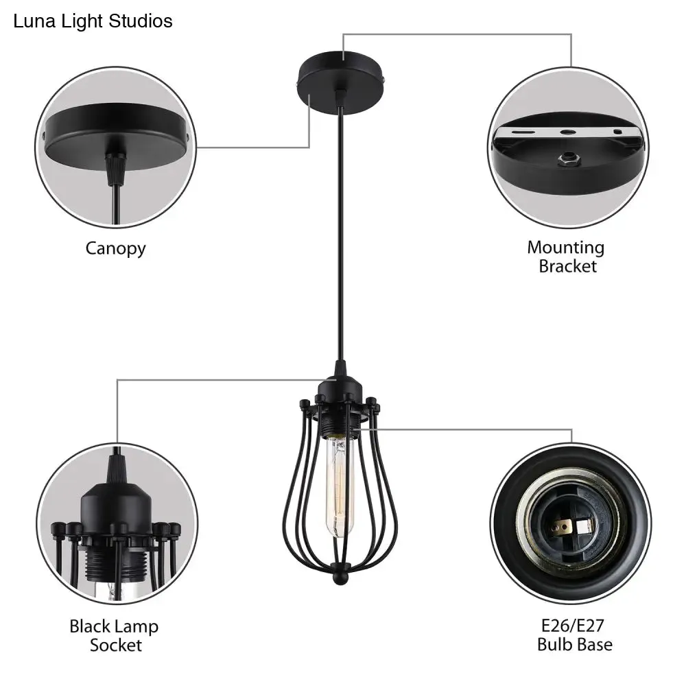 Retro Style 1-Light Pendant Lamp with Metal Cage Shade - Black