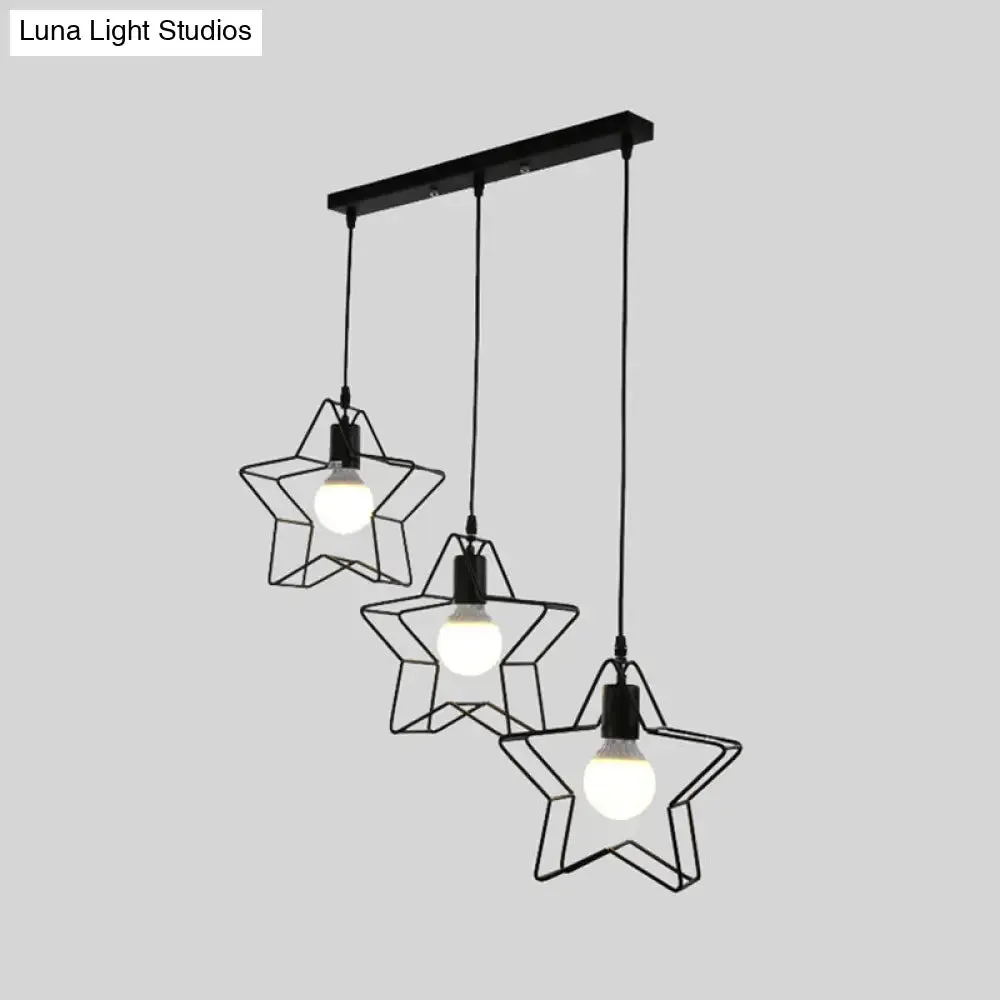 Retro Style Star Pendant Light with Wire Guard, Perfect for Coffee Shops - Black Metal Finish, 3 Heads