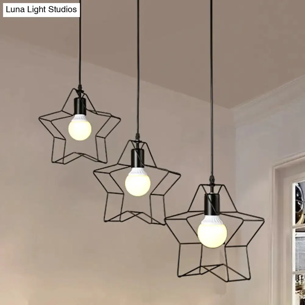 Retro Style Star Pendant Light with Wire Guard, Perfect for Coffee Shops - Black Metal Finish, 3 Heads