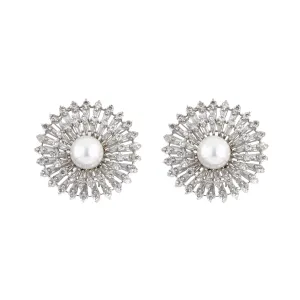 Rhodium Plated Zircon & Pearl Studded Stud Earrings