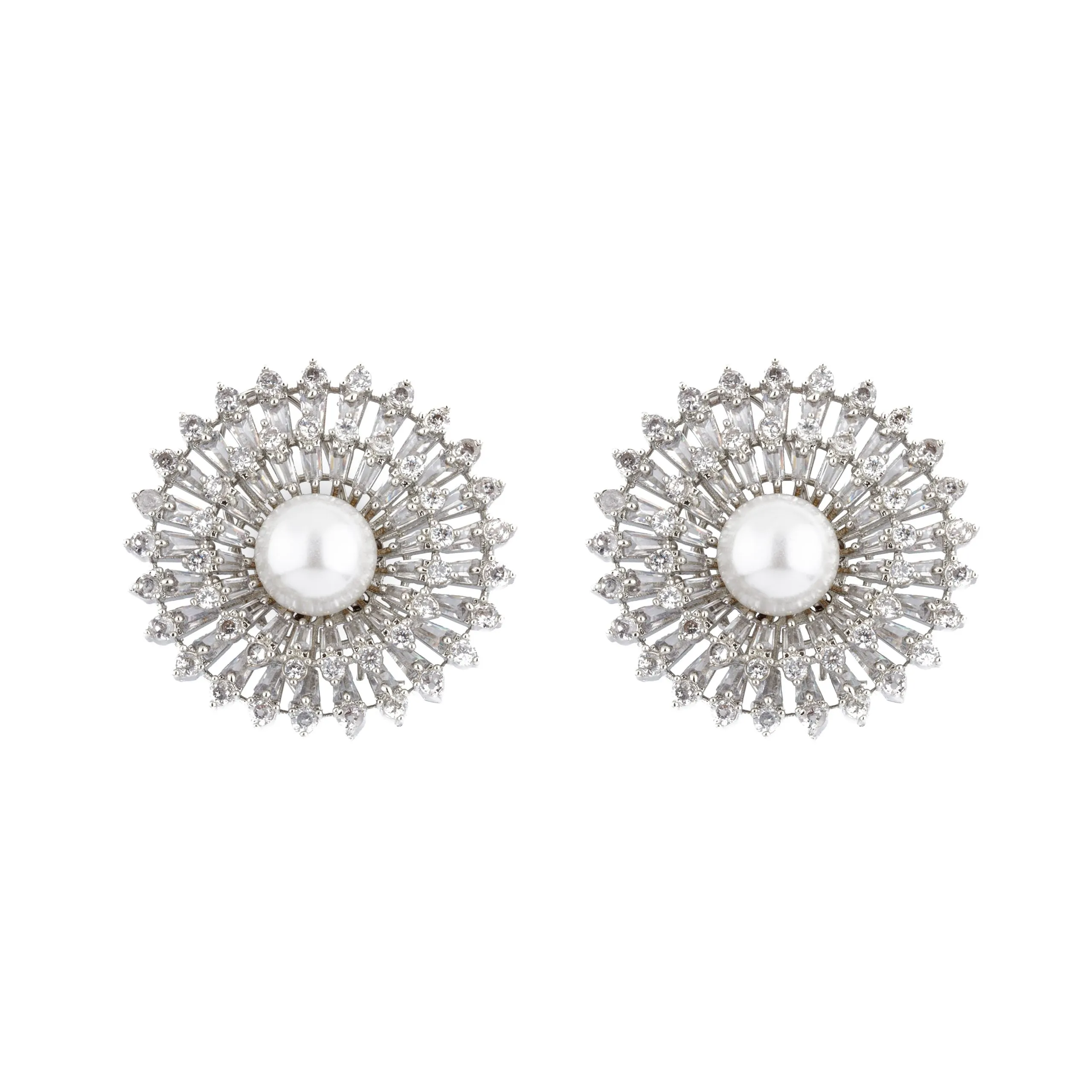 Rhodium Plated Zircon & Pearl Studded Stud Earrings