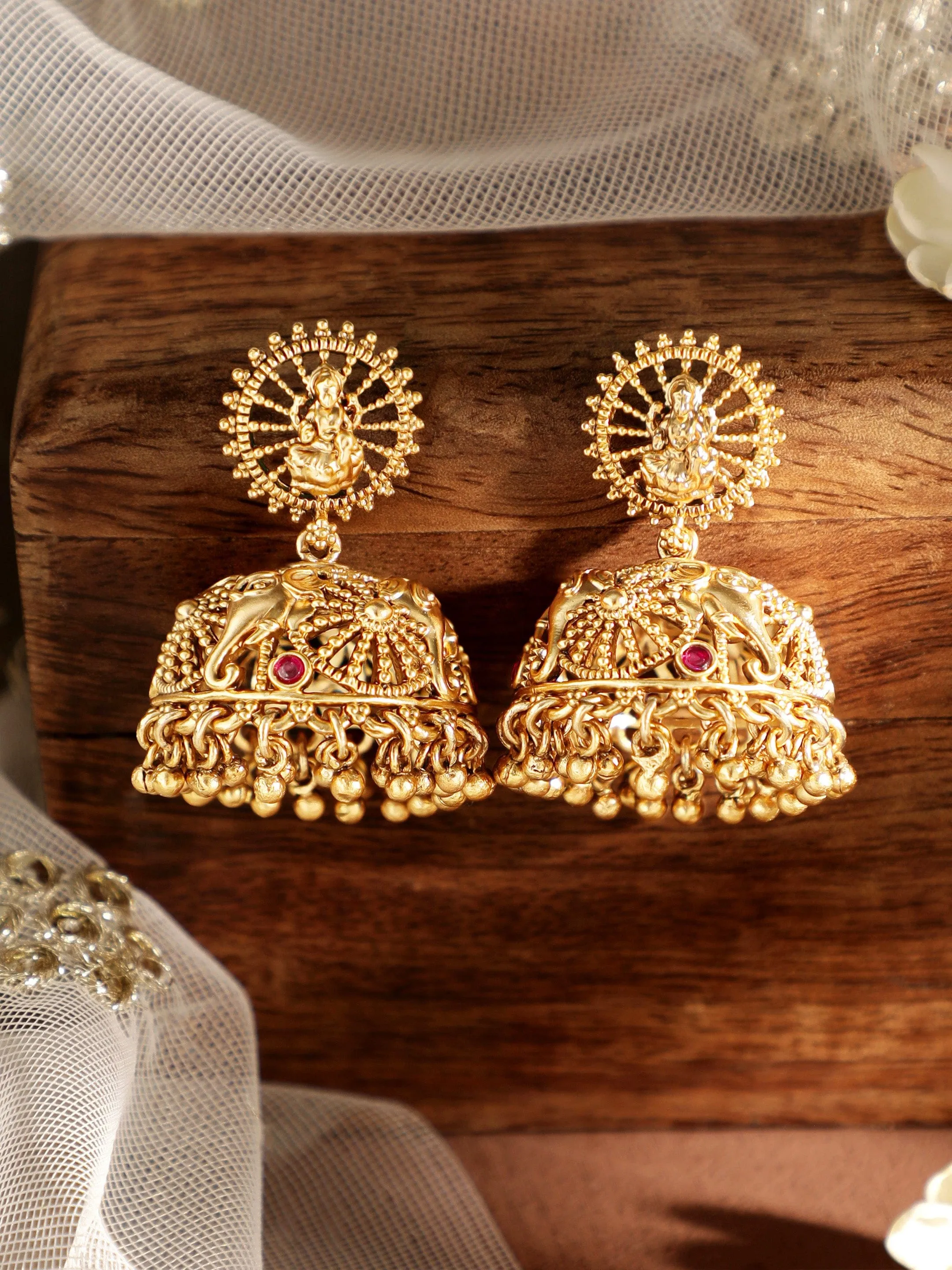 Rubans Exquisite 22k Gold-Plated Temple Floral Jhumka Earrings