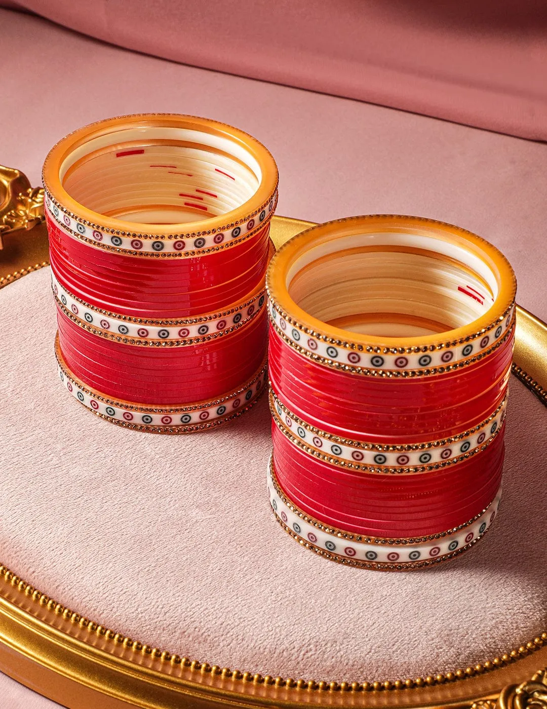 Rubans Set of 70 Gold-Plated Red Bridal Chura Bangles with Stone Embellishments