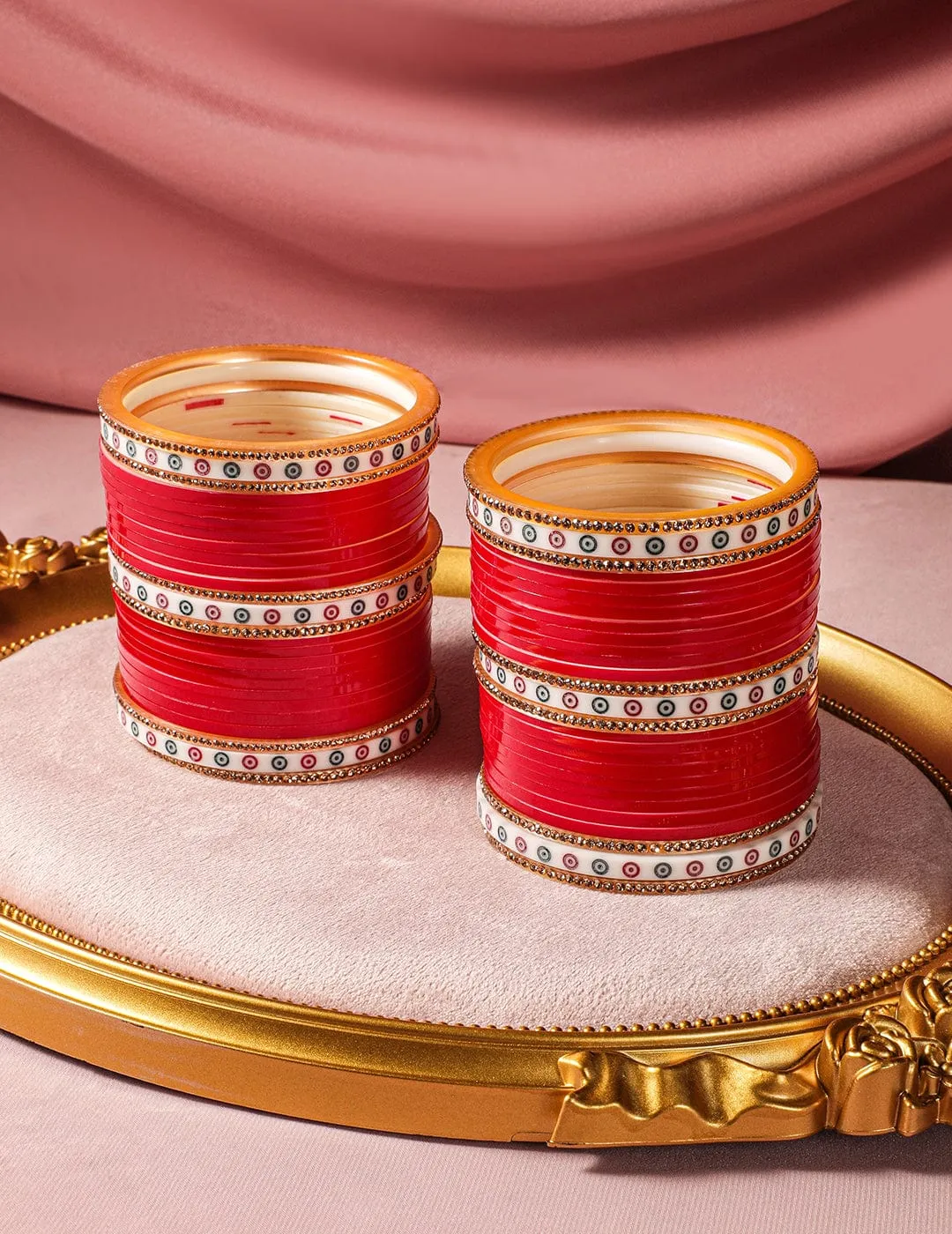 Rubans Set of 70 Gold-Plated Red Bridal Chura Bangles with Stone Embellishments