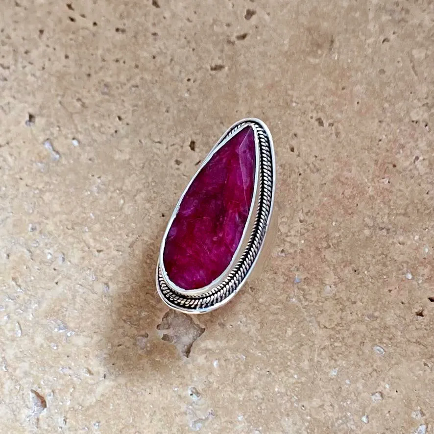 Ruby Quartz Ring with slender teardrop gemstone - Jyoti