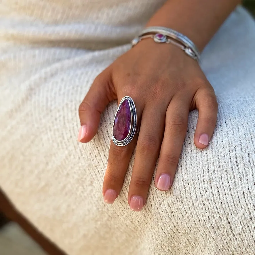 Ruby Quartz Ring with slender teardrop gemstone - Jyoti