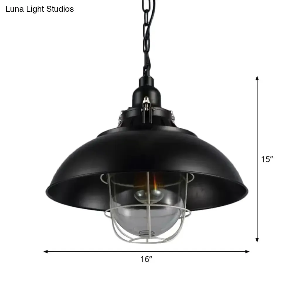 Rustic 1-Light Bistro Hanging Lamp - 12"/16" Metal Pendant Lighting with Wire Cage and Clear Glass Shade (Black)