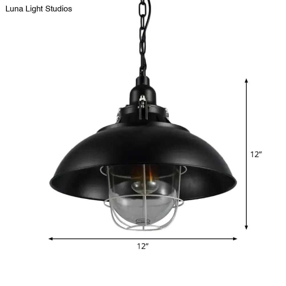 Rustic 1-Light Bistro Hanging Lamp - 12"/16" Metal Pendant Lighting with Wire Cage and Clear Glass Shade (Black)