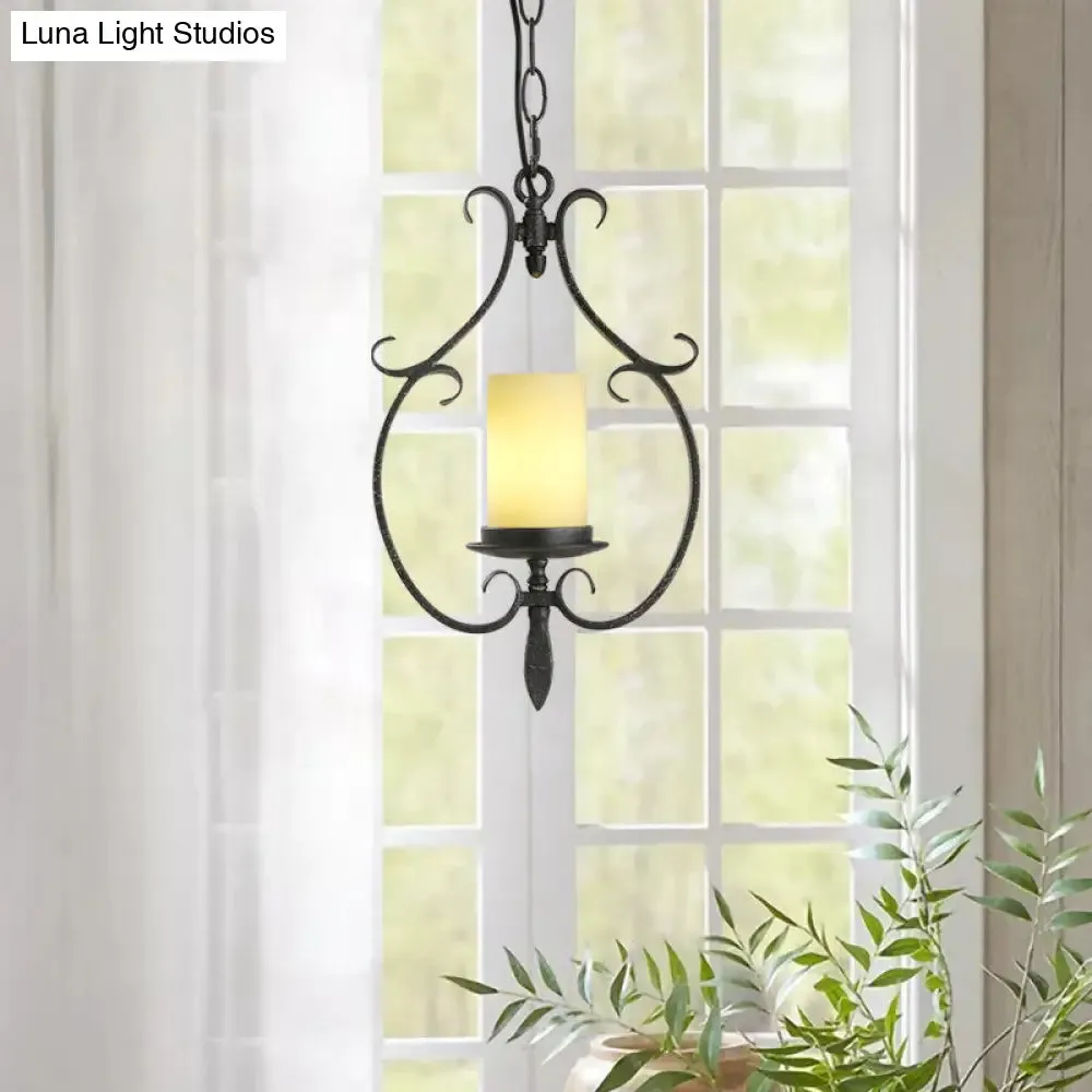 Rustic Beige Glass Cylinder Pendant Ceiling Light with Antique Black Finish - 1 Light Living Room Hanging Lamp