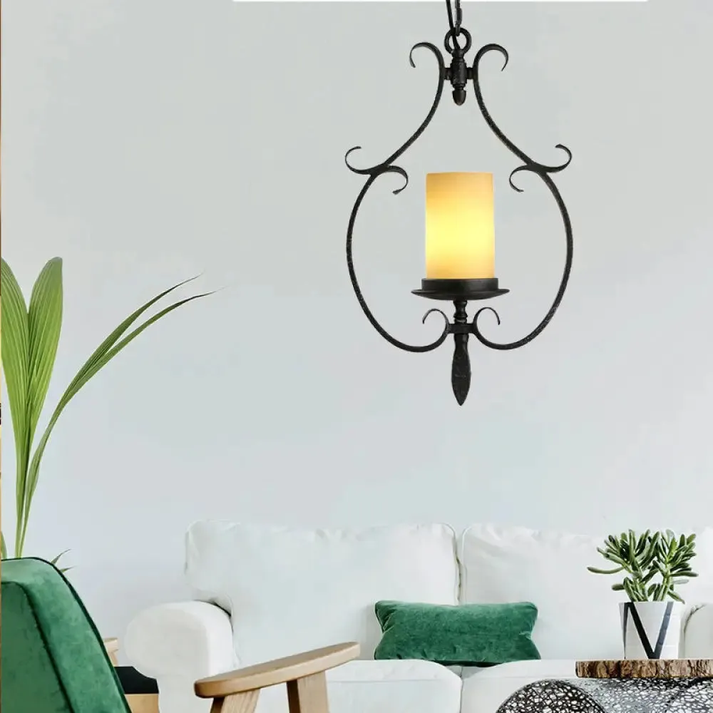 Rustic Beige Glass Cylinder Pendant Ceiling Light with Antique Black Finish - 1 Light Living Room Hanging Lamp