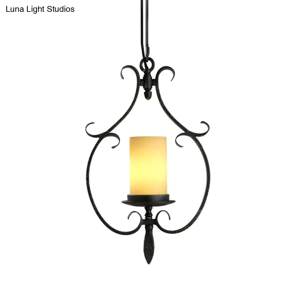 Rustic Beige Glass Cylinder Pendant Ceiling Light with Antique Black Finish - 1 Light Living Room Hanging Lamp