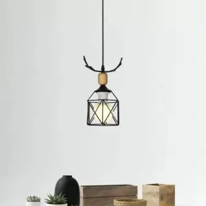 Rustic Black Pendant Light with Metal Wire Frame and Antlers - Lodge Décor- 1 Light