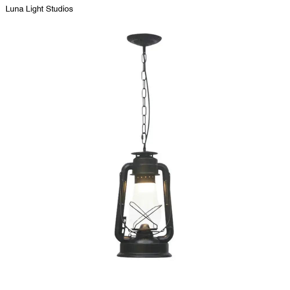 Rustic Clear/Frosted Glass Kerosene Pendant Lamp in Bronze/Copper/Black - 1 Bulb, Dining Room Ceiling Suspension Light