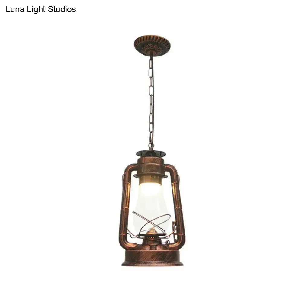 Rustic Clear/Frosted Glass Kerosene Pendant Lamp in Bronze/Copper/Black - 1 Bulb, Dining Room Ceiling Suspension Light