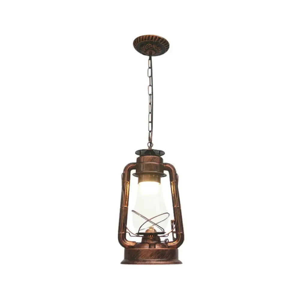 Rustic Clear/Frosted Glass Kerosene Pendant Lamp in Bronze/Copper/Black - 1 Bulb, Dining Room Ceiling Suspension Light