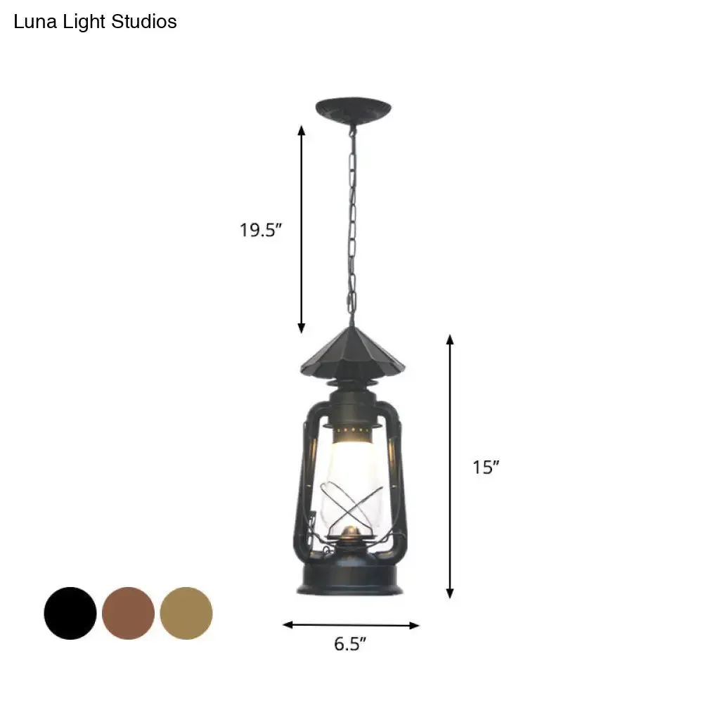 Rustic Clear/Frosted Glass Kerosene Pendant Lamp in Bronze/Copper/Black - 1 Bulb, Dining Room Ceiling Suspension Light