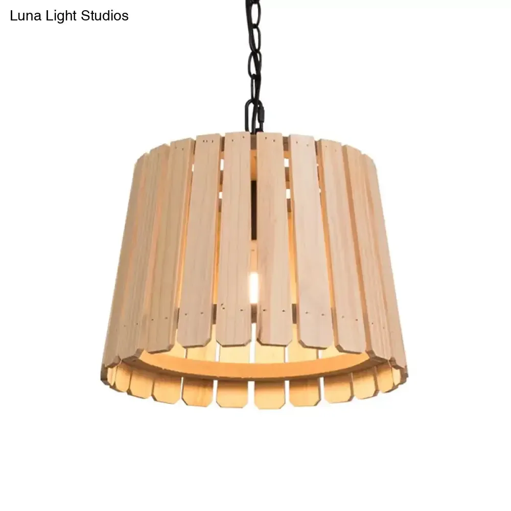 Rustic Hollowed Barrel Wood Pendant Lamp with Chain - Perfect for Hanging over Tables