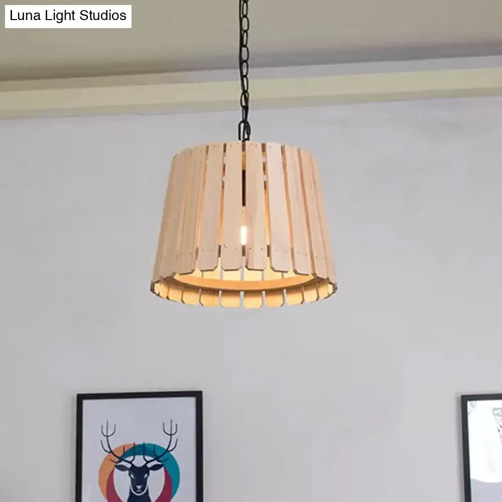 Rustic Hollowed Barrel Wood Pendant Lamp with Chain - Perfect for Hanging over Tables