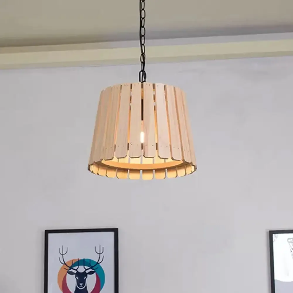 Rustic Hollowed Barrel Wood Pendant Lamp with Chain - Perfect for Hanging over Tables